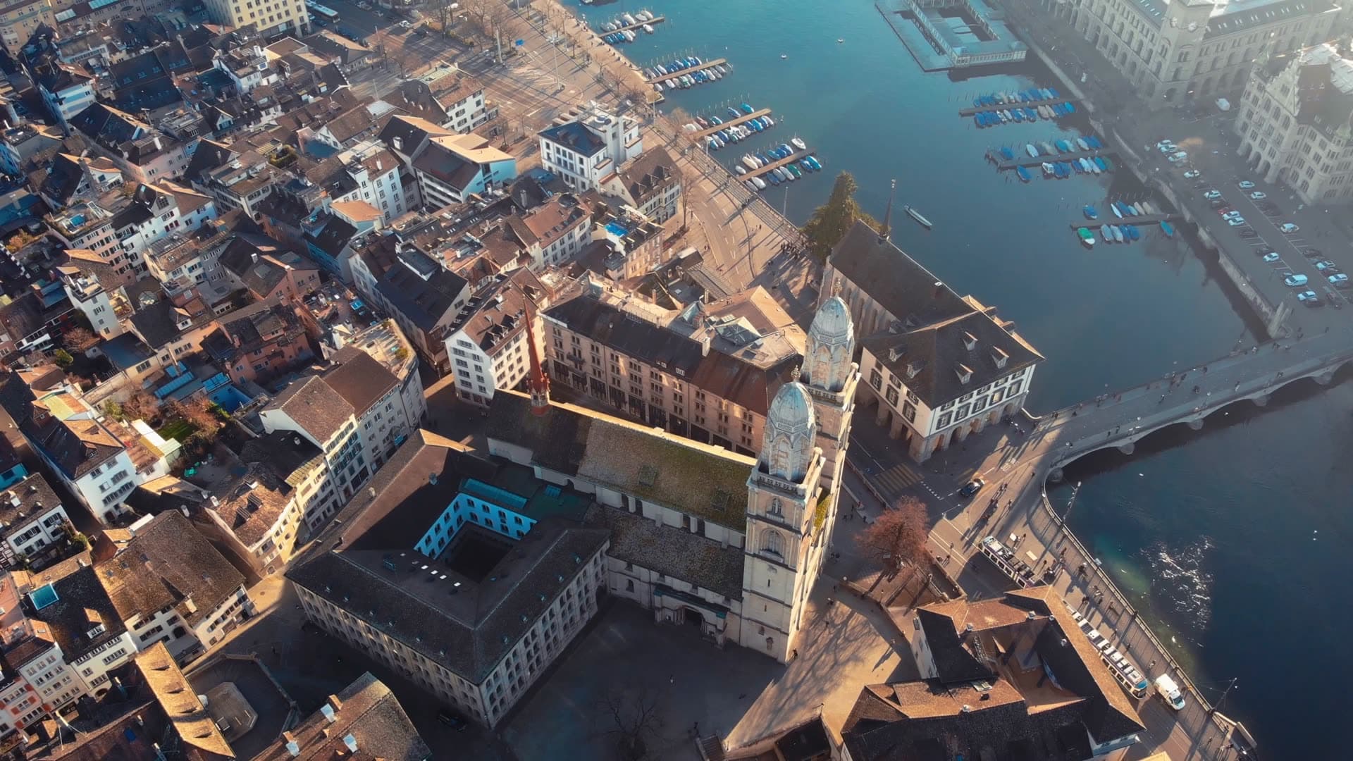Aerial view of a historic riverfront old town